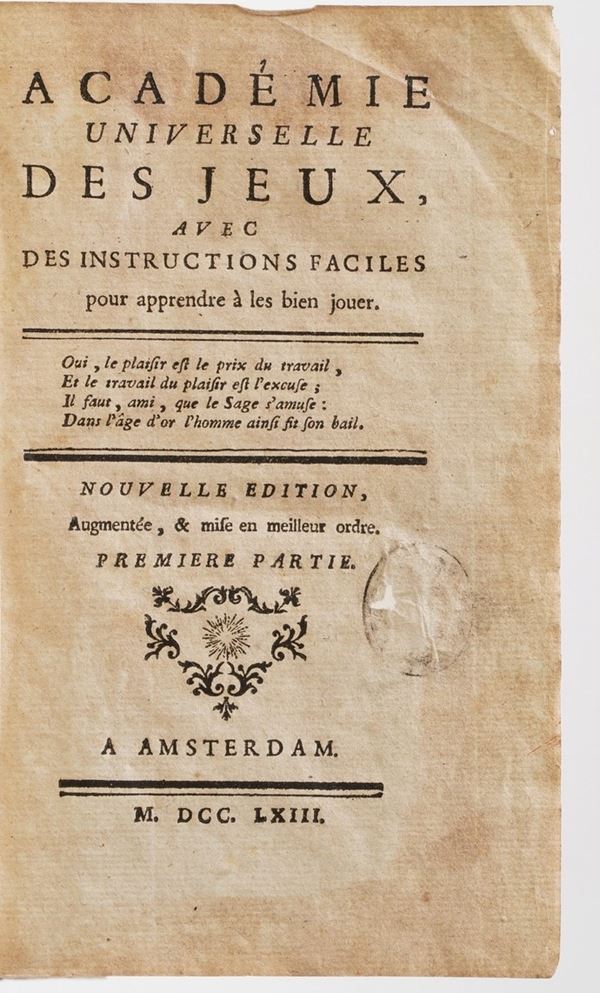 AA.VV. Accademiè Universelle des jeux... Nouvelle edition parti prima e seconda rilegate insieme..Amsterdam 1763.