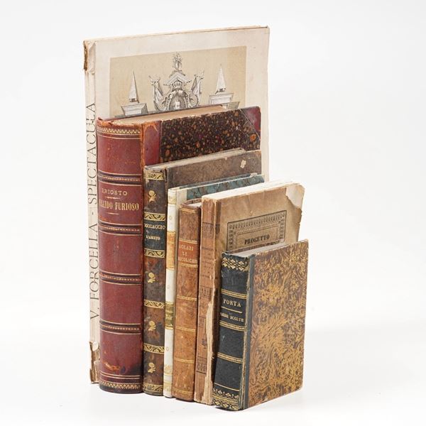 Lotto di quantità - Varia miscellanea VARIE Porta, Poesie scelte, Milano, Ferrario, 1837 Boccaccio, Ameto, Parma, Amoretti , 1802 Seneca, Trattato sopra la vita felice, Venezia, Santini, 1783 Ariosto, Orlando furioso, Milano, Treves, 1886 illustrato da Doré Virgilio Marone, Bucoliche, Genova, Giossi, 1810 Romagnosi, Progetto del codice di procedura penale, Prato, Guasti, 1858 Forcella, Spectacula, ossia Caroselli, Tornei..., Milano, Kantorowicz, 1896