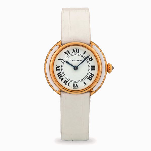 Cartier - Ellipse Vendome Lady in oro giallo 18 k con smalti bianchi e brillanti, quadrante bianco numeri romani, circa 1990