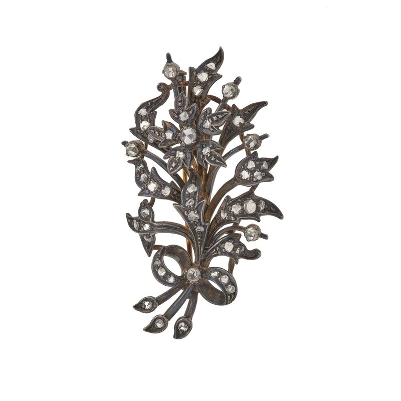 Spilla a soggetto floreale con rosette di diamante  - Asta Gioielli - Cambi Casa d'Aste
