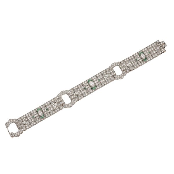 Diamond, emerald and platinum bracelet