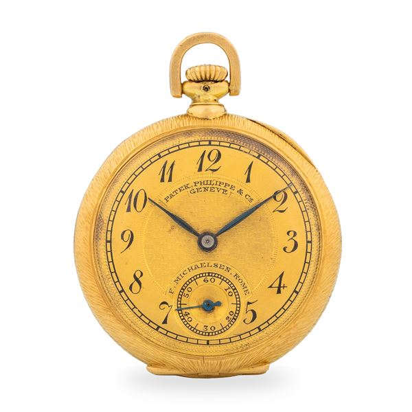 Patek Philippe - Orologio da tasca in oro giallo 18k, quadrante Dorè Guillochè firmato "F. Michaelsen, Rome" con lancette a foglia, circa 1910