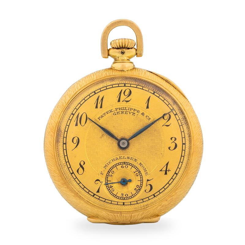 Patek Philippe : Orologio da tasca in oro giallo 18k, quadrante Dorè Guillochè firmato "F. Michaelsen, Rome" con lancette a foglia, circa 1910  - Asta Fine Watches - Cambi Casa d'Aste