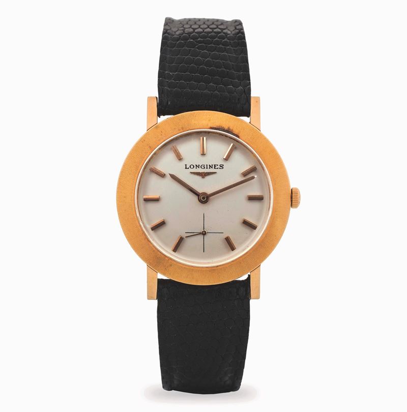 Longines : Disco volante in oro giallo 18k, con indici applicati e secondi al sei, circa 1960  - Asta Orologi da Polso - Cambi Casa d'Aste