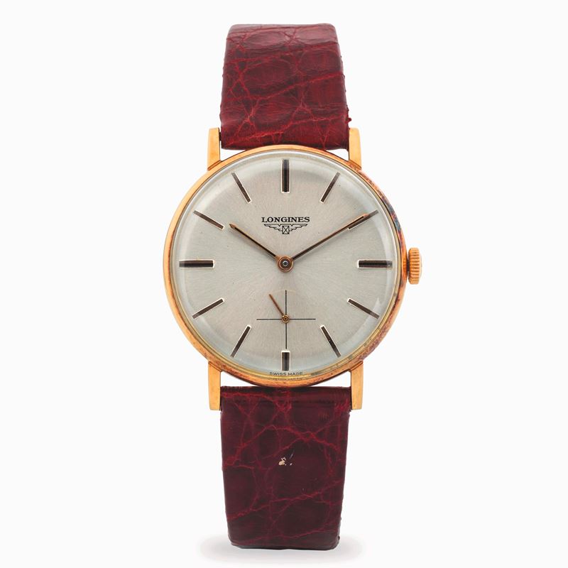 Longines : Dress watch in yellow gold 18k with silvered dial, applied indexes, and small seconds at six, circa 1970  - Auction Wristwatches - Cambi Casa d'Aste