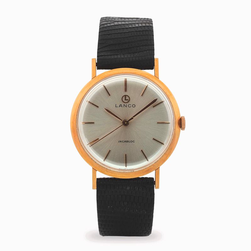 Lanco : Dress watch in oro giallo 18k con indici applicati e secondi al centro, circa 1970  - Asta Orologi da Polso - Cambi Casa d'Aste