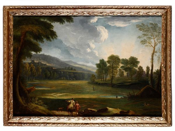 Scuola della fine del XVII-inizi del XVIII secolo Paesaggio fluviale con figure