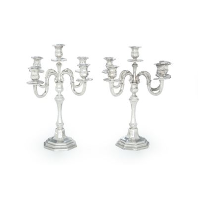 Coppia di Candelabri a Quattro Fiamme. Argenteria Siciliana del XX Secolo, Argentiere di Cristofa...