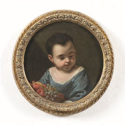 Bimbo con frutta, olio su tavoletta circolare