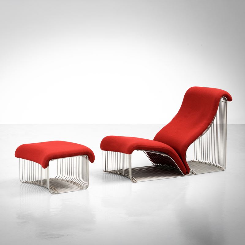 Verner Panton : Chaise longue mod. 125T e poggiapiedi mod. 126S della serie Wire  - Asta Design - Cambi Casa d'Aste