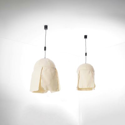 Due lampade a sospensione mod. Augenwohl, materiale plastico e feltro, 1973