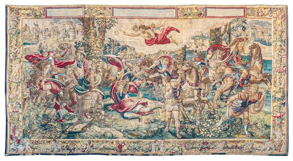 Importante arazzo fiammingo, Bruxelles metà del XVI secolo, siglato in basso a sinistra B.B. Eseguito sui disegni di Pieter Coecke van Aelst, probabilmente sotto la guida di Jan Van der Vyst