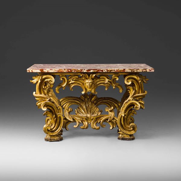 Console barocca in legno intagliato e dorato. Roma XVIII secolo