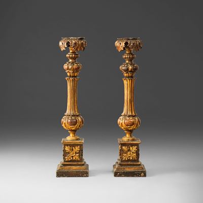 Coppia di torcieri, legno intagliato e dorato, XVIII-XIX secolo