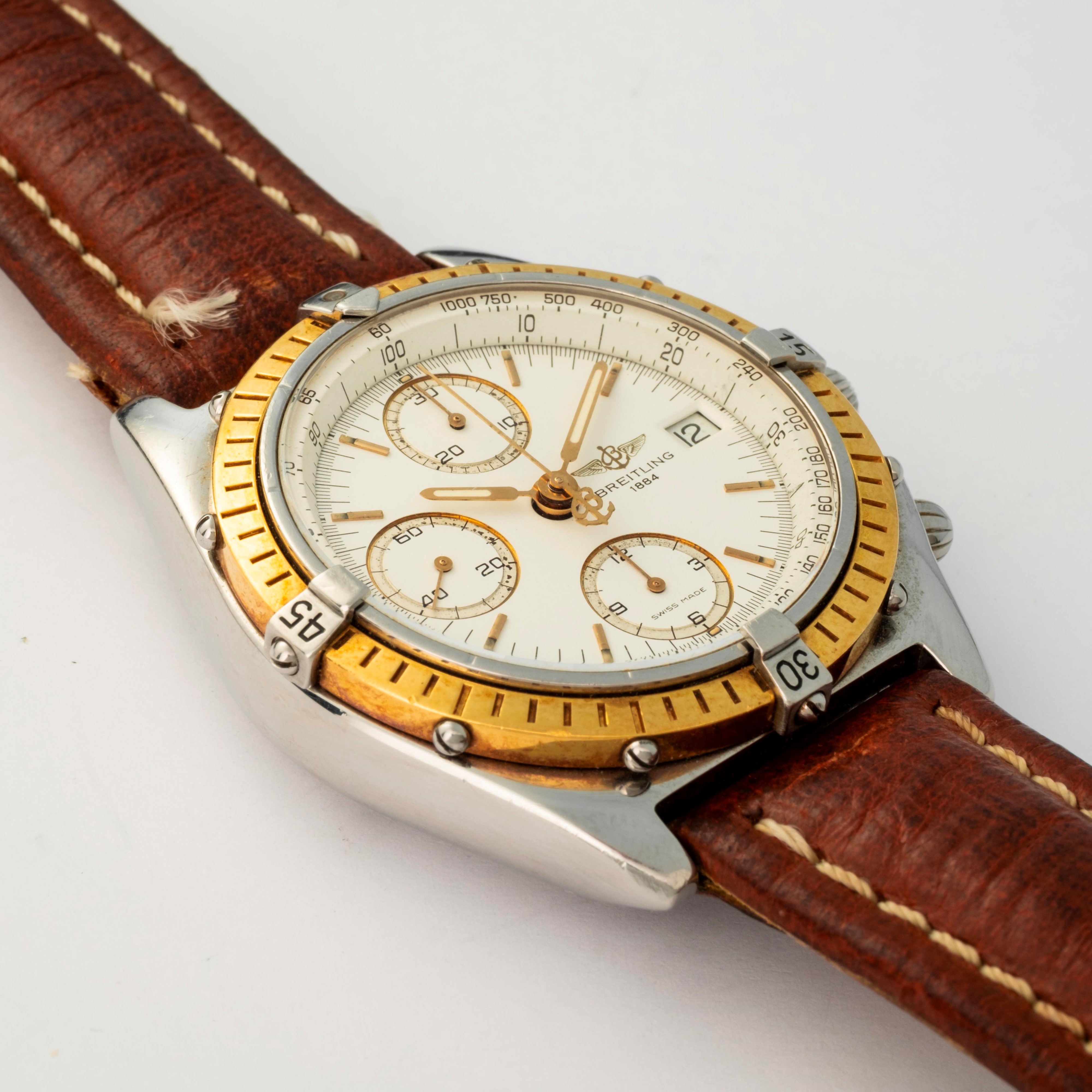 Breitling - Chronomat ref. 81950 in acciaio e oro con quadrante bianco a tre contatori, circa 199...