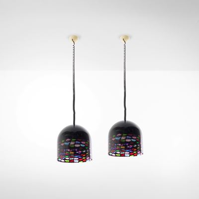 Due lampade a sospensione in vetro colorato con decoro di Murrine