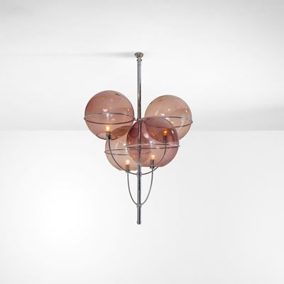 Lampada a sospensione modello Lyndon 450, acciaio cromato e vetro di Murano