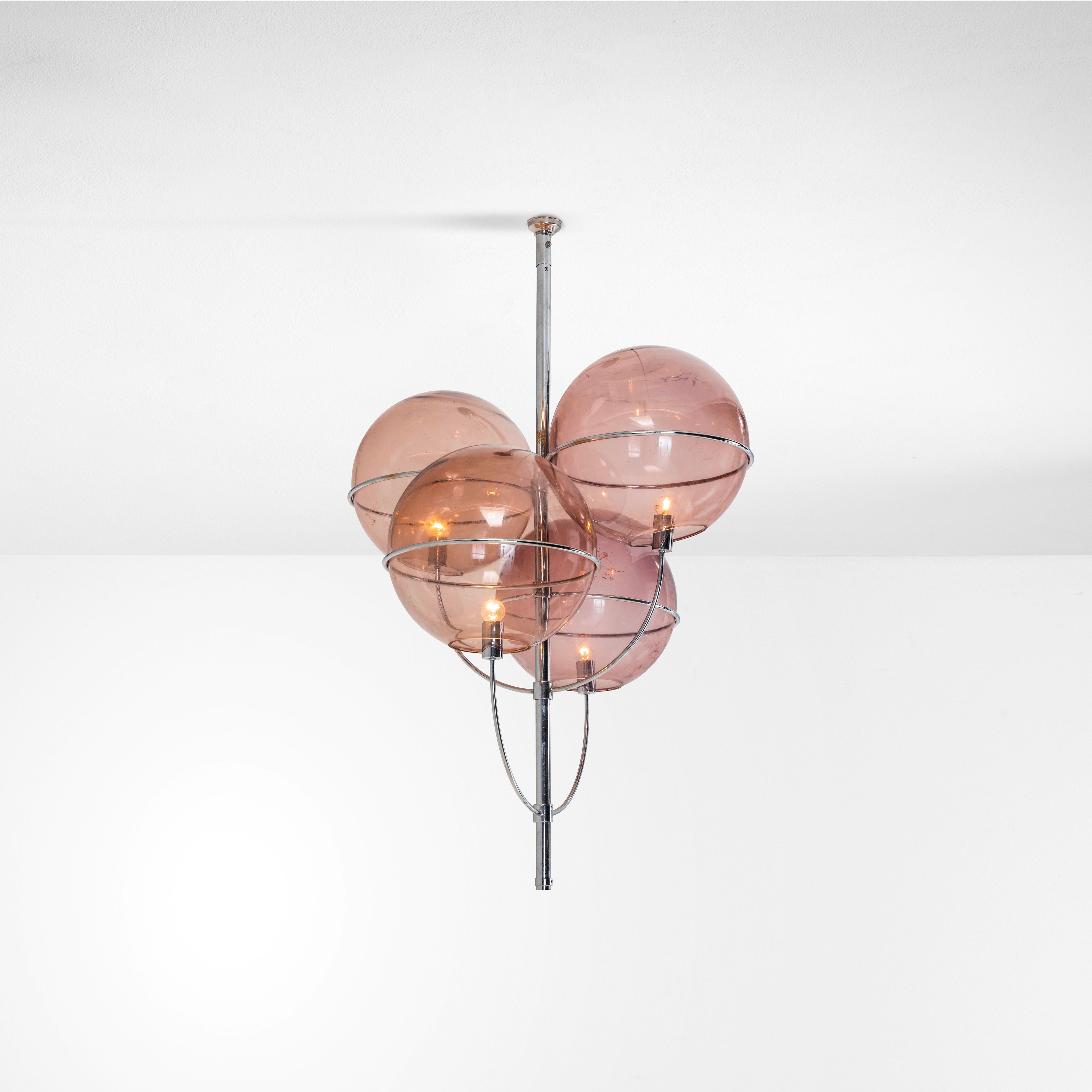 Vico Magistretti - Lampada a sospensione modello Lyndon 450, acciaio cromato e vetro di Murano