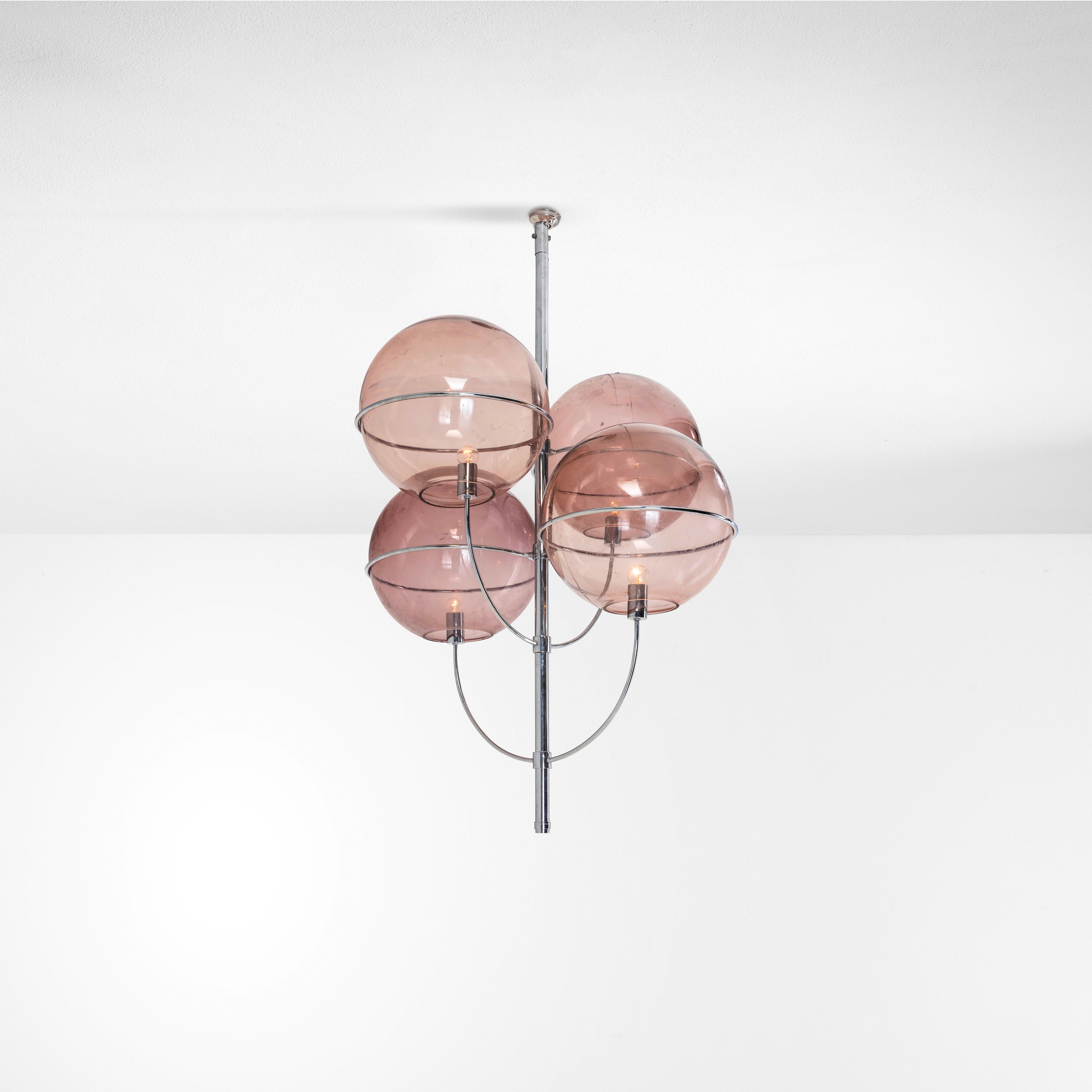 Vico Magistretti - Lampada a sospensione modello Lyndon 450, acciaio cromato e vetro di Murano