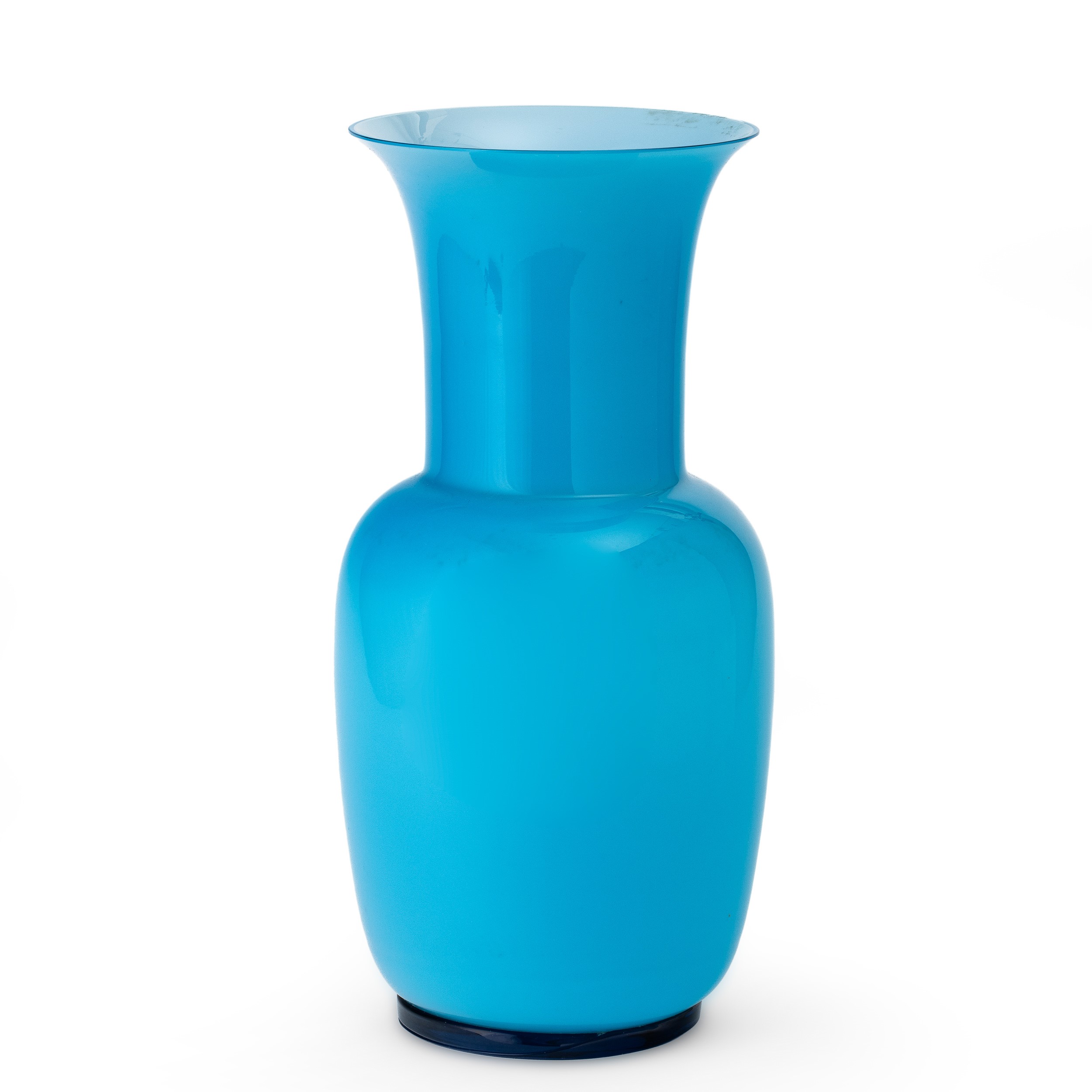 Venini, Vaso balaustro in vetro soffiato acquamarina con piede zaffiro (Murano, 1982)