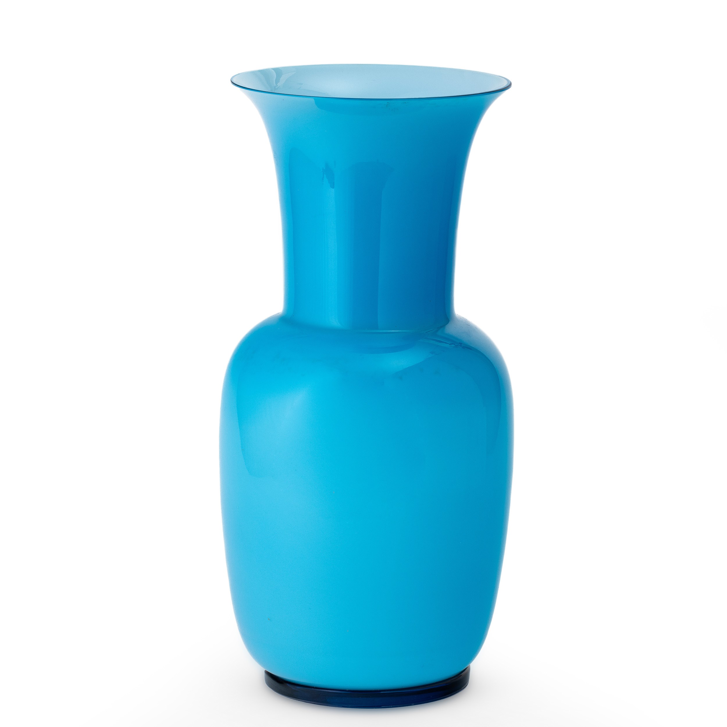 Venini, Vaso balaustro in vetro soffiato acquamarina con piede zaffiro (Murano, 1982)