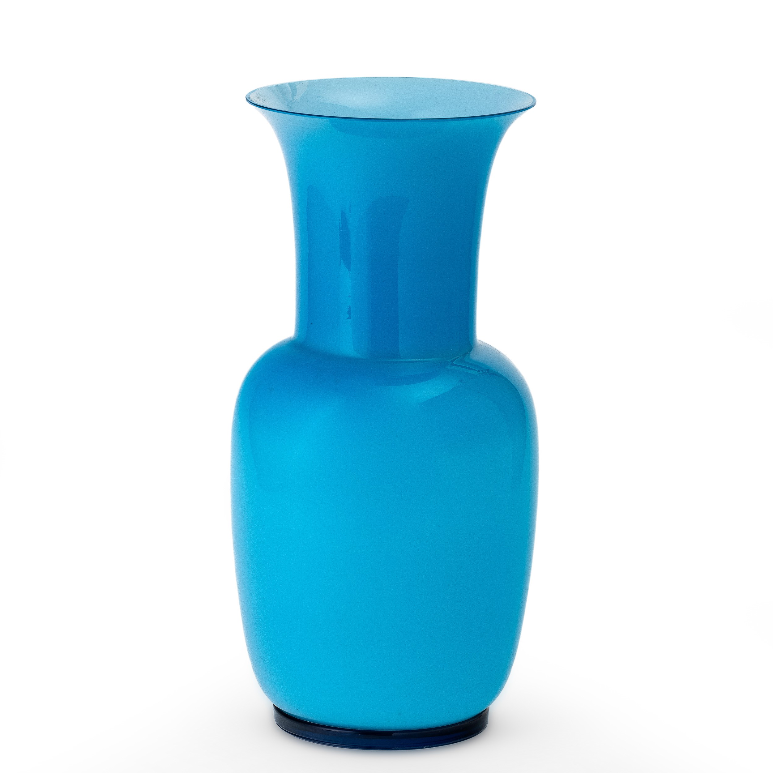 Venini, Vaso balaustro in vetro soffiato acquamarina con piede zaffiro (Murano, 1982)