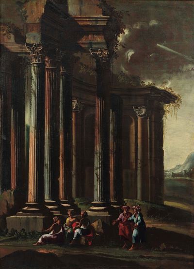 Capriccio con architetture classiche e figure, olio su tela