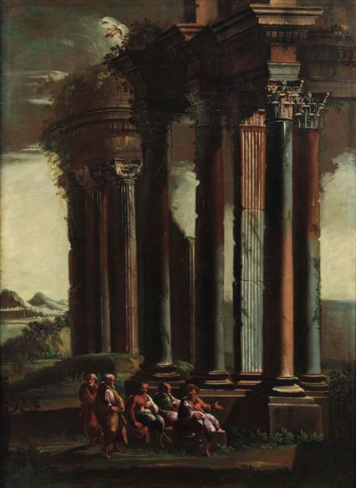 Capriccio con architetture classiche e figure, olio su tela