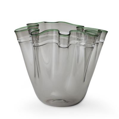 Vistosi, Grande vaso a fazzoletto in vetro soffiato fumè con decoro a fasce e filo verde (Murano,...