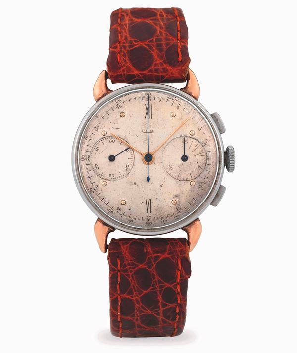 Cronografo tasti quadri due contatori carica manuale in acciaio con anse in oro rosa, circa 1940