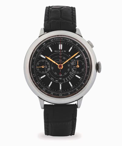 Cronografo monopulsante ref. 2021 in acciaio con quadrante nero firmato Bucherer’s, circa 1930