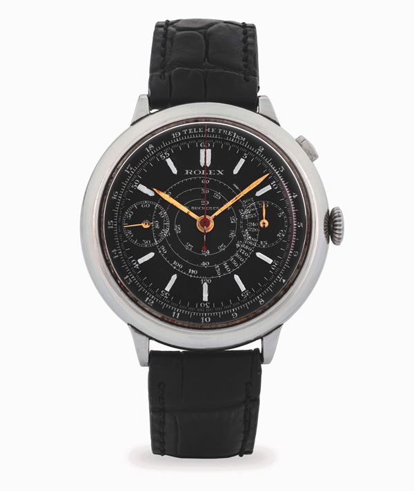 Rolex - Cronografo ref. 2021 in acciaio monopulsante, con quadrante nero a due contatori e firma Bucherer’s, circa 1930