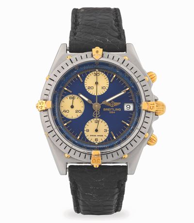 Chronomat in acciaio e oro con quadrante blu e contatori champagne, circa 1990