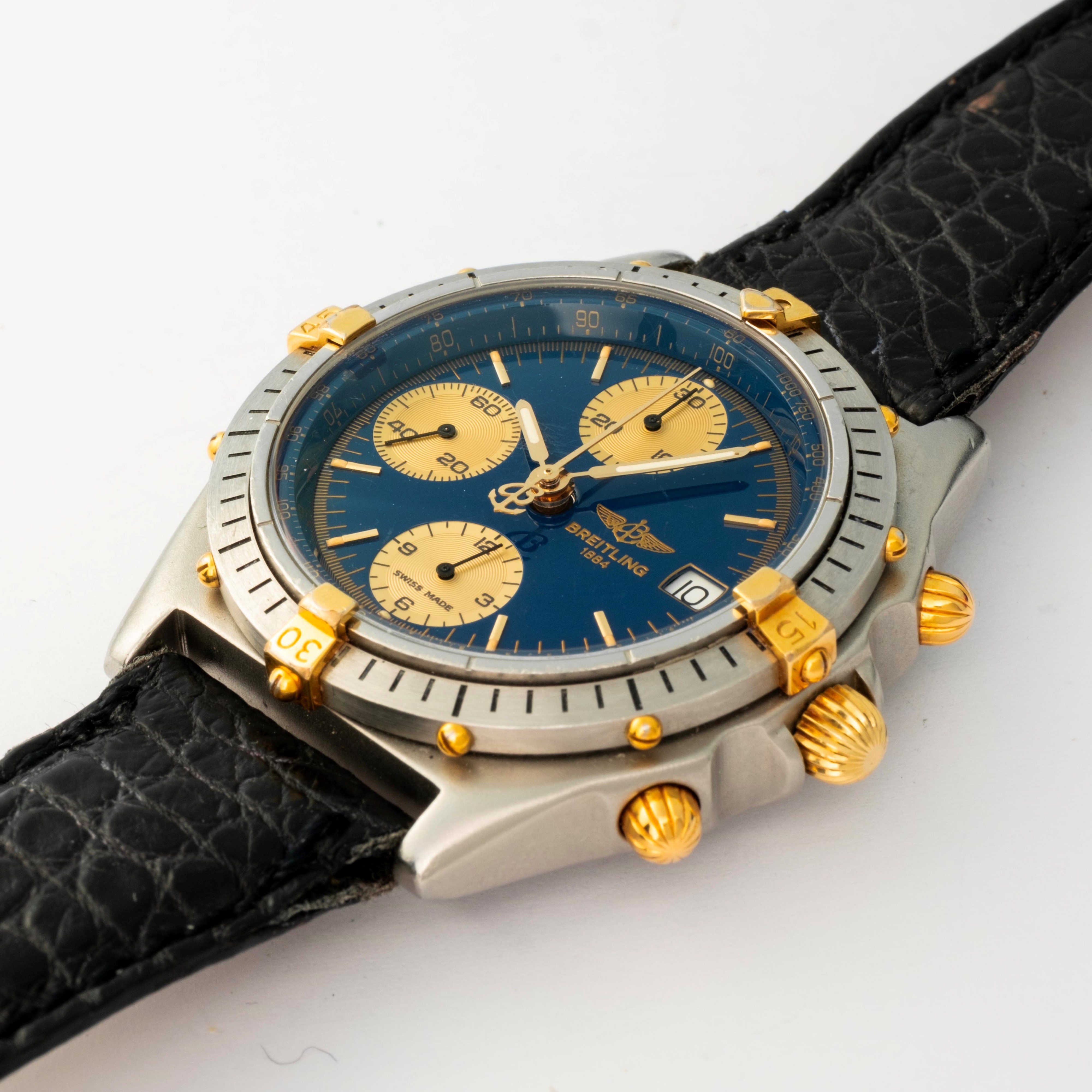 Breitling - Chronomat in acciaio e oro con quadrante blu e contatori champagne, circa 1990