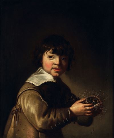 Scuola olandese del XVII secolo, Bambino con nido, olio su tela