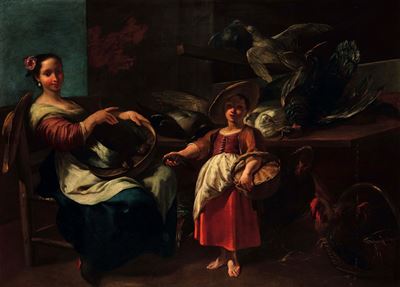 Contadina con pollame, olio su tela
