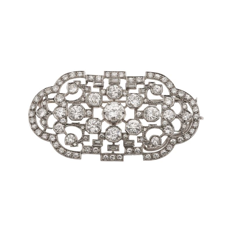 Spilla/pendente con diamanti taglio rotondo e taglio baguettes  - Asta Fine Jewellery - Cambi Casa d'Aste