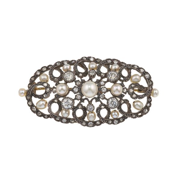 Old-cut diamnod, pearl, gold and silver brooch. Pearls have not been tested for natural origin
