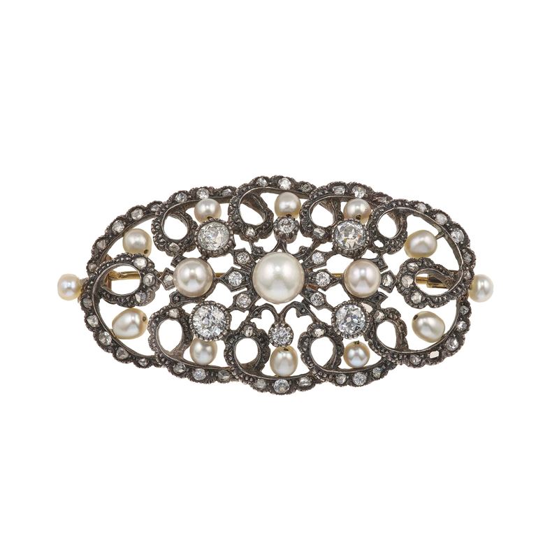 Spilla con perle e diamanti di vecchio taglio  - Asta Fine Jewellery - Cambi Casa d'Aste
