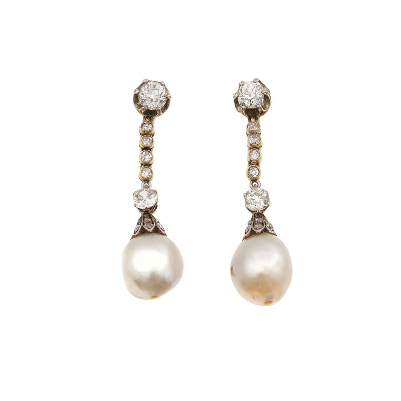 Orecchini pendenti con diamanti di vecchio taglio e perle coltivate  - Asta Fine Jewellery - Cambi Casa d'Aste