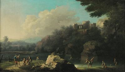 Paesaggio fluviale con pescatori e contadini, olio su tela