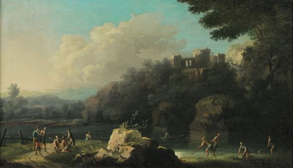 Paesaggio fluviale con pescatori e contadini