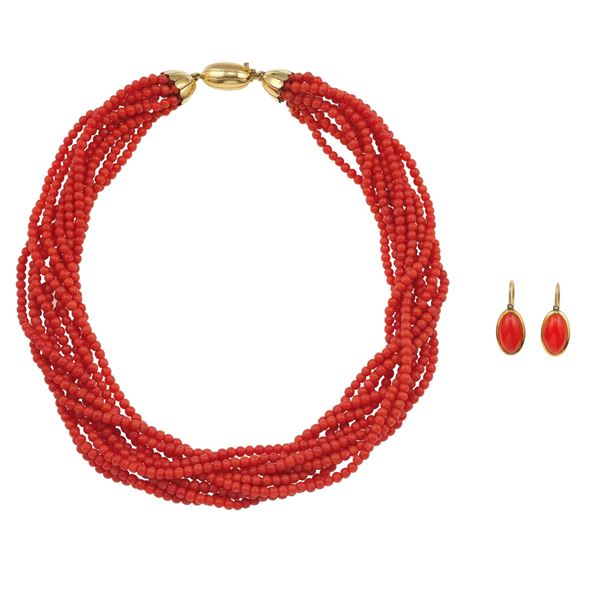Coral and gold necklace and a pair of coral and gold earrings