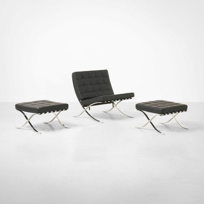 Ludwig Mies Van Der Rohe : Poltrona e due poggiapiedi mod. MR90 Barcelona  - Asta Design Lab - Cambi Casa d'Aste