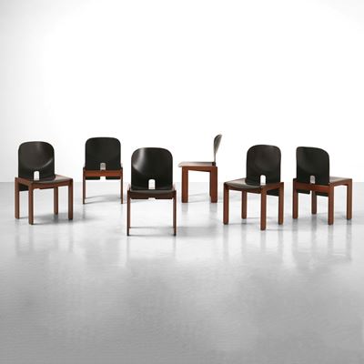 Sei sedie mod. 121, legno ebanizzato, Italia, 1965