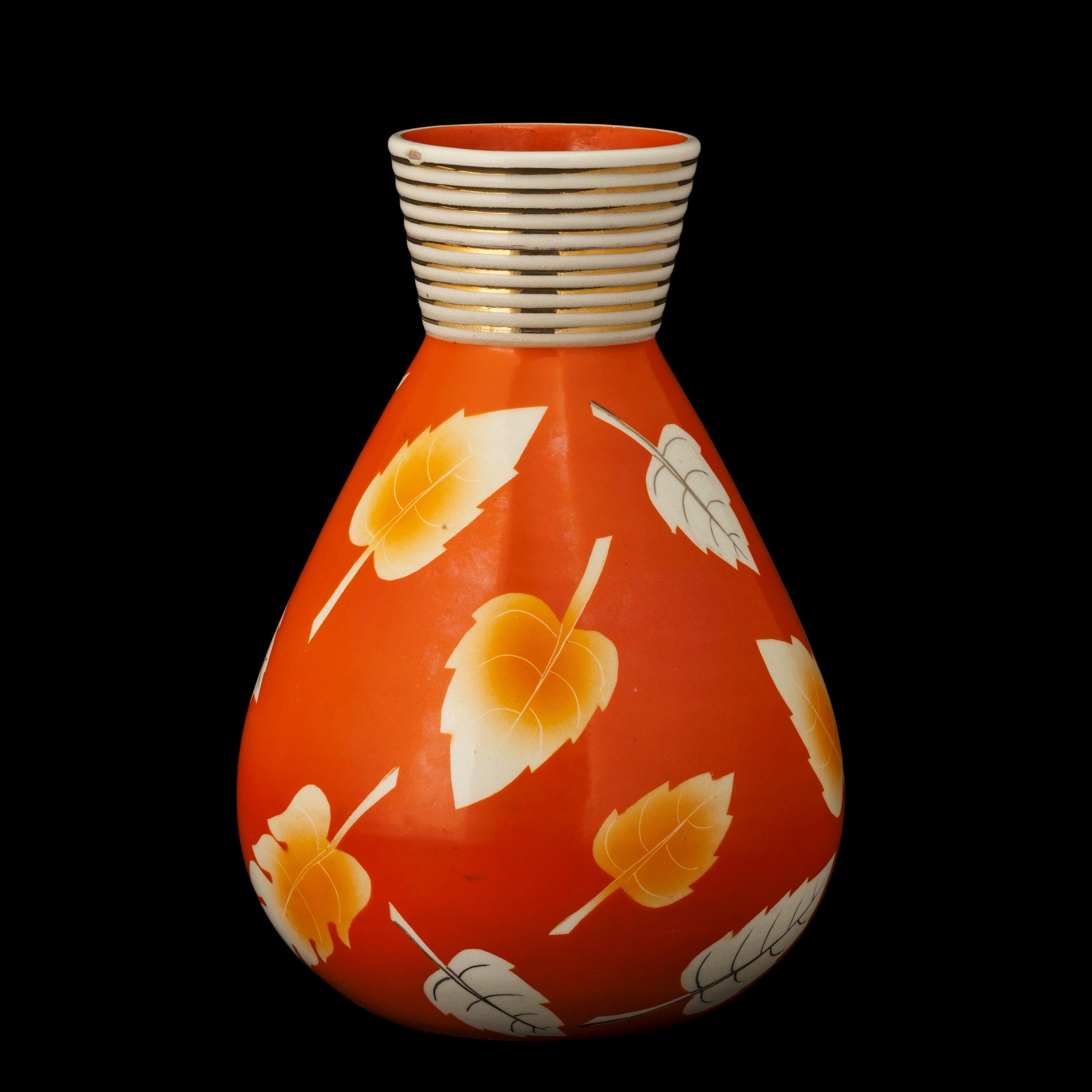 Rometti, Umbertide, Vaso in ceramica con decoro a foglie su fondo arancione (circa 1940)