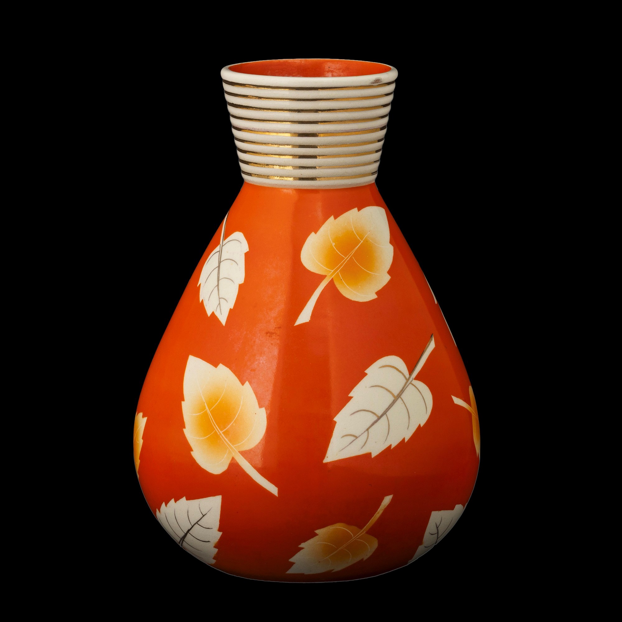 Rometti, Umbertide, Vaso in ceramica con decoro a foglie su fondo arancione (circa 1940)