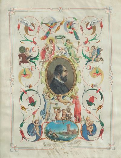 Scuola del XVII secolo, Ritratto di Torquato Tasso con veduta del Castello di Tedaldo di Ferrara,...
