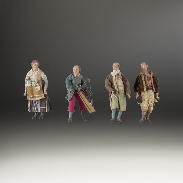 Quattro figure da presepe. Arte presepiale italiana del XIX secolo.