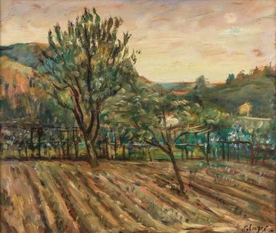 Campagna al santuario, olio su tavola